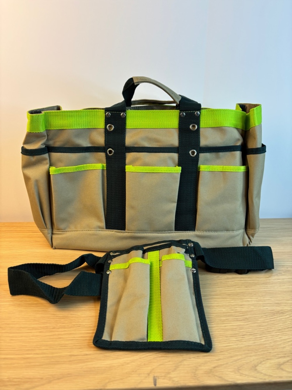 Canvas Utility Gardening Tool Bag with Hi-Vis Lime Trim and Belt Bag